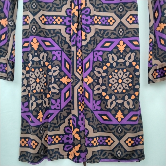 NWOT Hale Bob 100% Silk V-Neck Bell Sleeve Geometric Print KneeLength Dress Sz.M - Picture 4 of 10